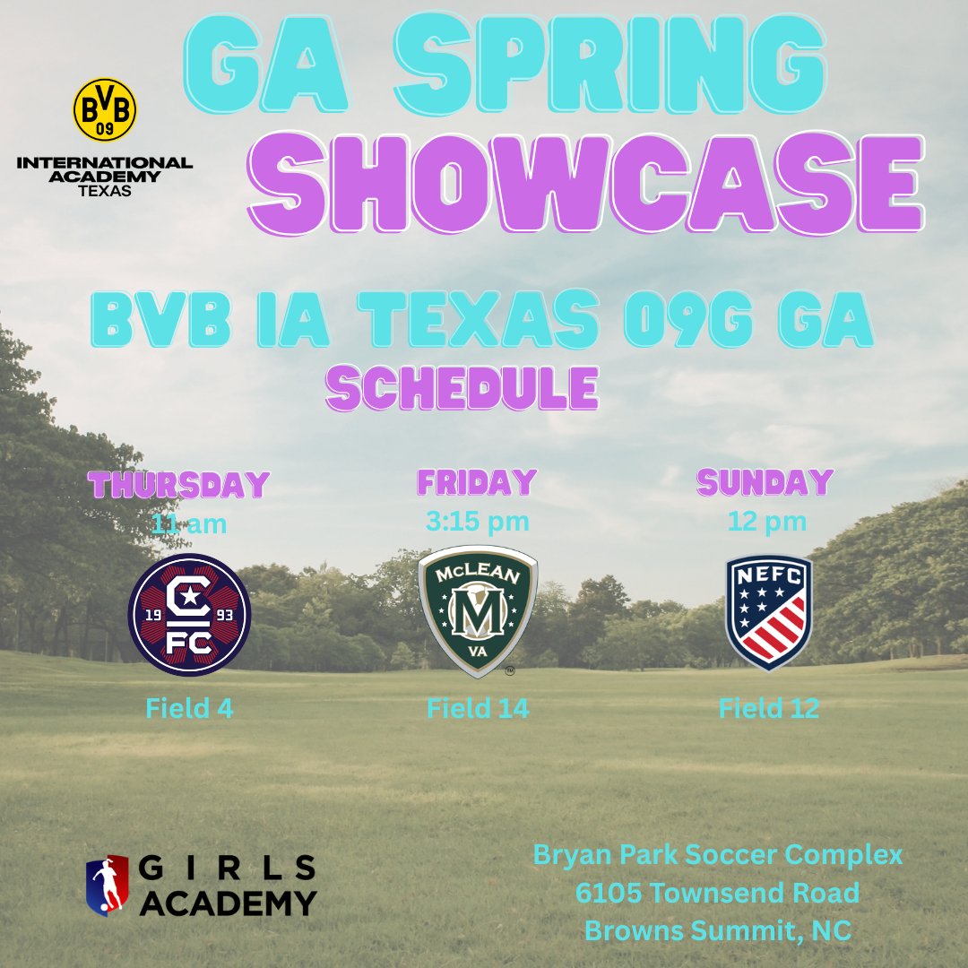 BVB09GGA's tweet photo. Spring Showcase schedule for this weekend in North Carolina. Come watch us play. Let’s go BVB! @GAcademyLeague @bvbiaa @bvbiantx @ImYouthSoccer @PrepSoccerTX @TopDrawerSoccer @TheSoccerWire @girlssoccernet #bvb09gga #girlsacademyleague #gaspringshowcase #soccer #soccergirls https://t.co/neypvjh1XG
