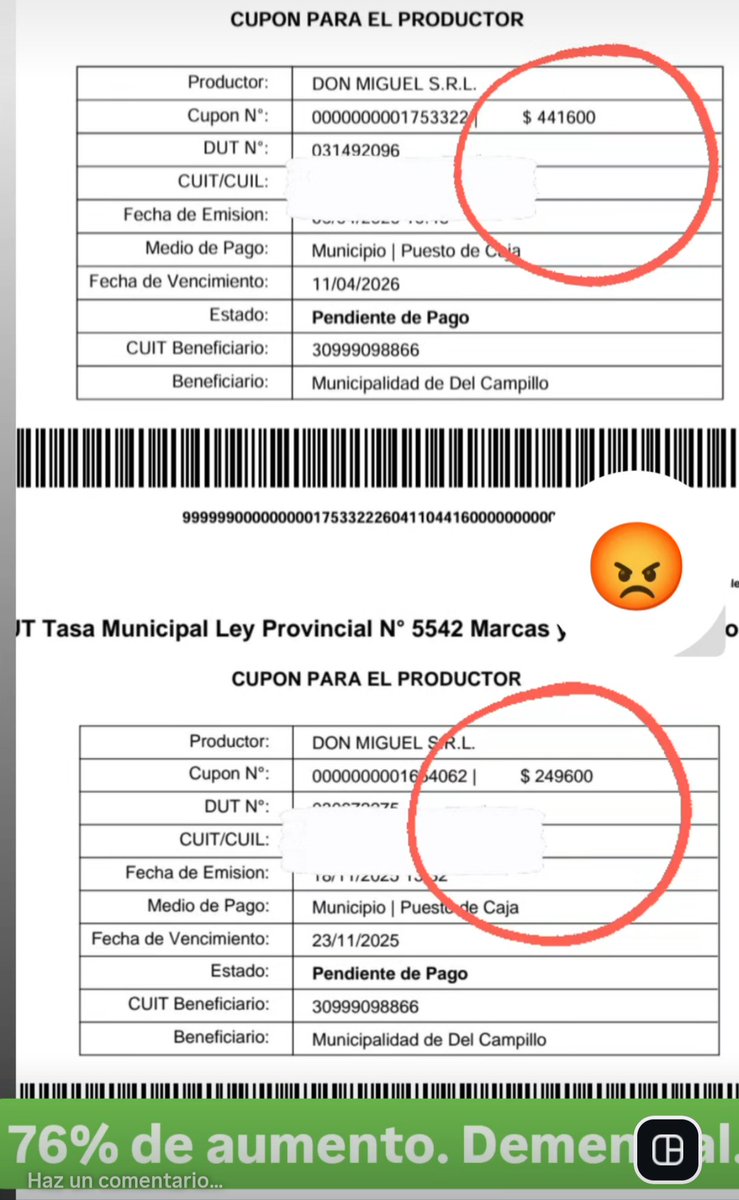 76% de aumento en DUT (GUIA MUNICIPAL). Misma cantidad de animales de noviembre a abril.
MUNICIPALIDAD DE DEL CAMPILLO.
casi $10.000 Por animal de una tasa que no le conocemos contraprestación. 
Pregunto además. Porque deberíamos pagar para mover nuestra mercadería??