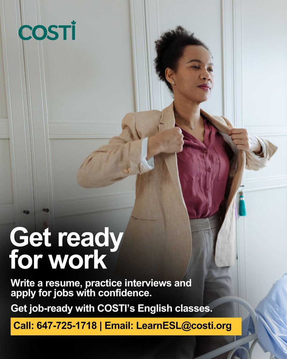 COSTI_org's tweet photo. Is your English stopping you from getting a job? We can help. Improve your listening, speaking, reading and writing skills in COSTI's free English classes. 

To register, call 647-725-1718 or email LearnESL@costi.org. 

#FreeEnglishClass #FreePrograms https://t.co/uLk9HPEeW6