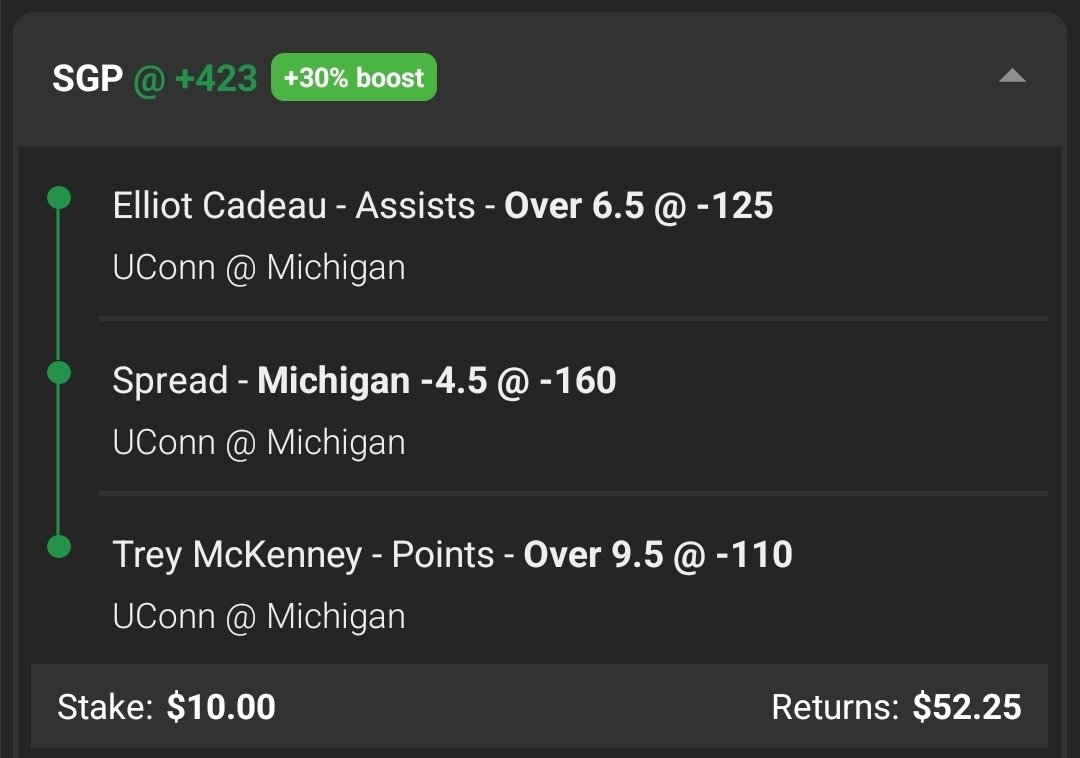White824mamba's tweet photo. NCAA BASKETBALL MEN

PARLAY OF THE DAY X5 ⭐️

MICHIGAN -4.5
AVG 24.5 WIN MARGIN IN THE TOURNAMENT VS 7.5 FOR UCONN
#1 SEED VS NO-#1 SEED IN FINAL IS 19-7 RECORD

McKENNEY 10P
AVG 12.5P IN THE TOURNAMENT
12/12 SEASON + TOURNAMENT GAMES W24MIN

CADEAU 7A
L7 GAMES W22MIN (AVG 8.83A) https://t.co/EscD6BZqDD