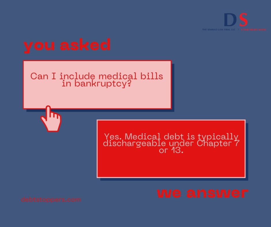 debtstoppersusa's tweet image. Can I include medical bills in bankruptcy?
Yes. Medical debt is typically dischargeable under Chapter 7 or 13.
📞 312-754-7004
👉 debtstoppers.com
#MedicalDebt #FreshStart