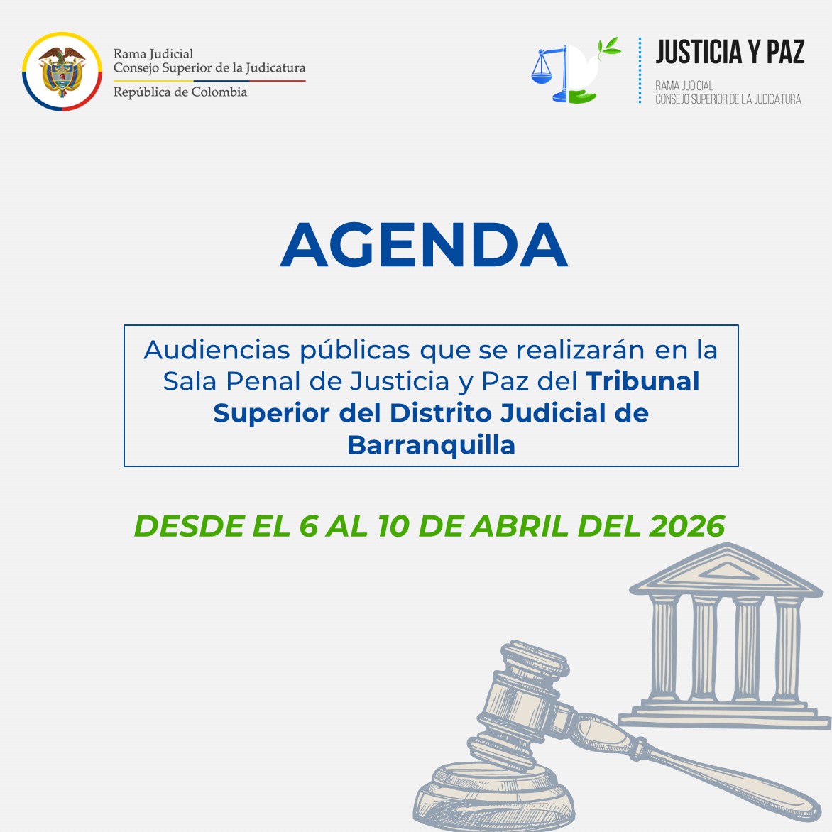juspazbaq's tweet photo. #AgendaDeLaSemana🗓 | La Sala Penal de Justicia y Paz del Tribunal Superior del Distrito Judicial de #Barranquilla está comprometida con la justicia y la transparencia. ⚖🇨🇴
Consulta nuestra agenda para la semana del 06 al 10 de abril de 2026 ➡https://t.co/j3S0u8sYv5 https://t.co/NJZi3GE5ku