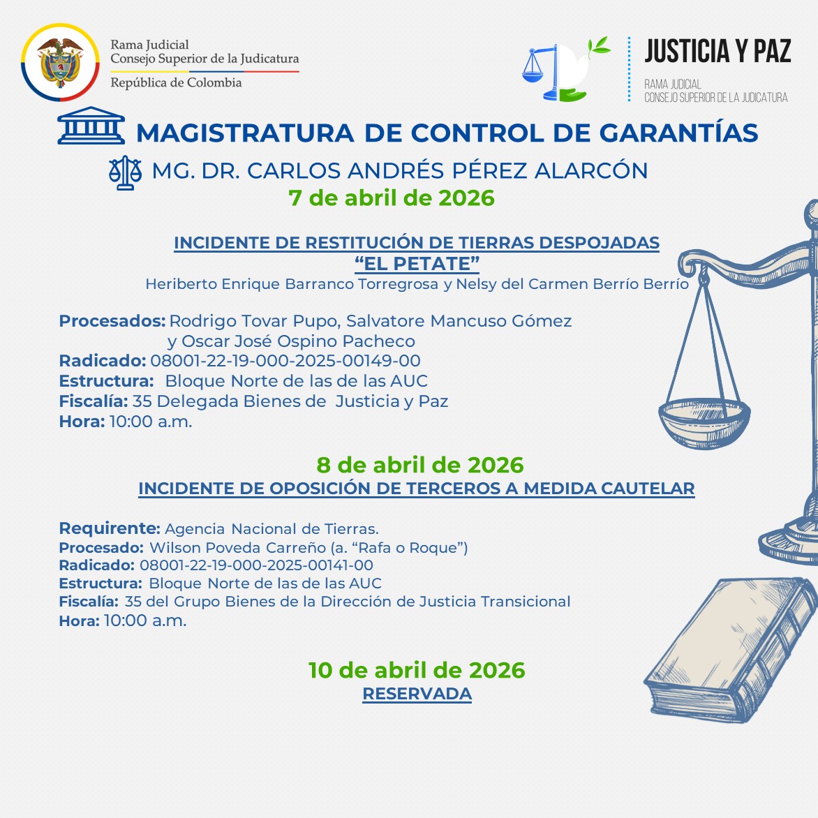 juspazbaq's tweet photo. #AgendaDeLaSemana🗓 | La Sala Penal de Justicia y Paz del Tribunal Superior del Distrito Judicial de #Barranquilla está comprometida con la justicia y la transparencia. ⚖🇨🇴
Consulta nuestra agenda para la semana del 06 al 10 de abril de 2026 ➡https://t.co/j3S0u8sYv5 https://t.co/NJZi3GE5ku