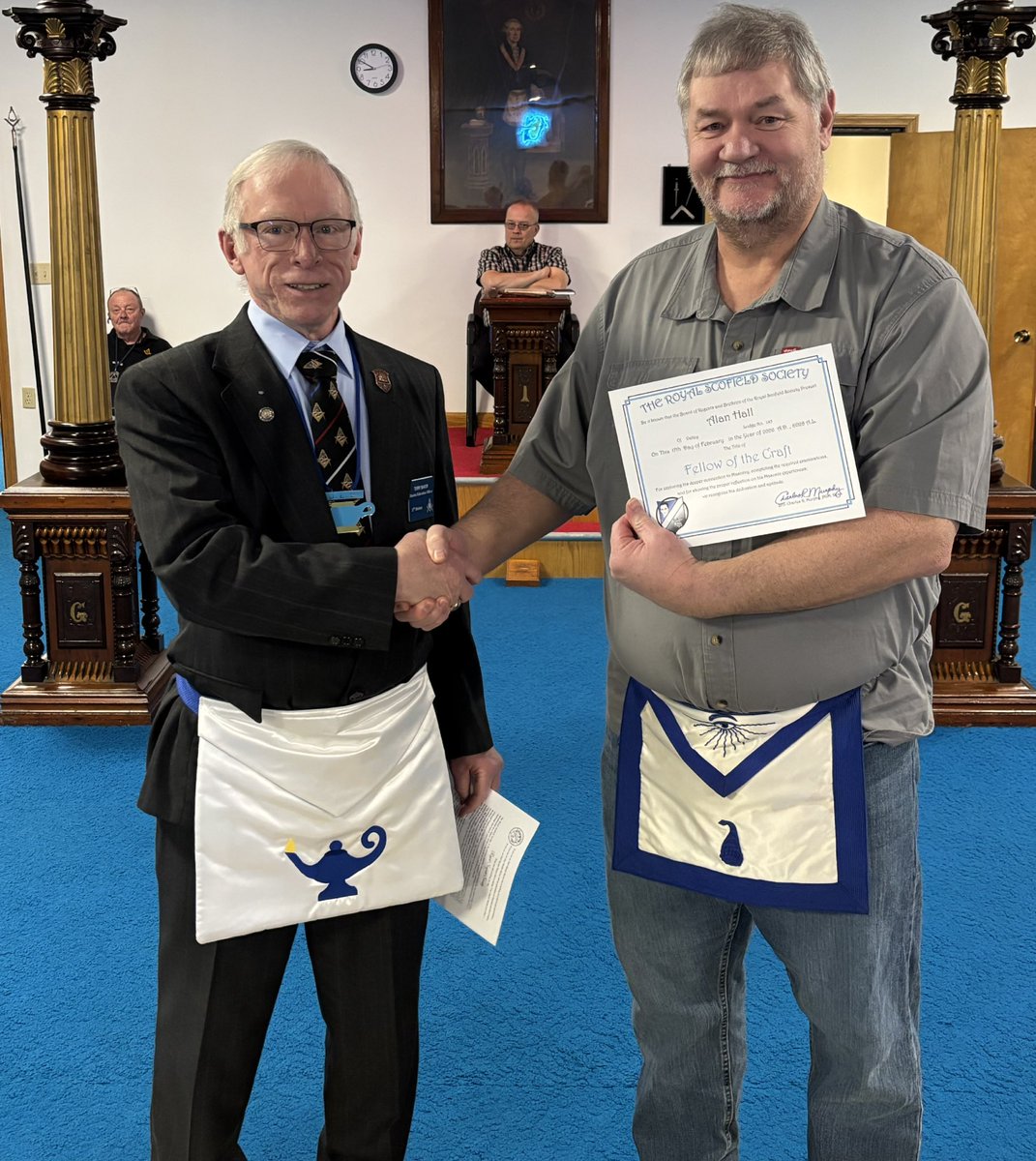royalscofields1's tweet photo. Congratulations to Brother Alan Hall on receiving his Fellow of the Craft certificate at Valley lodge No. 145 in Malta! Presented by WB Terry Baker, DEO - 17th district. https://t.co/abIXllKks7
