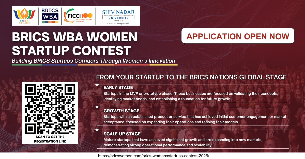 bricscouncil_in's tweet photo. Women entrepreneurs across BRICS nations are shaping industries and driving sustainable growth.
BRICS Women's Startup Contest 2026 is your opportunity to put your startup in front of the BRICS WBA Global Stage.
Apply Now: https://t.co/Vv0CkdyJfK
#bricswba #bricswomen https://t.co/ijm0RmJ78Q
