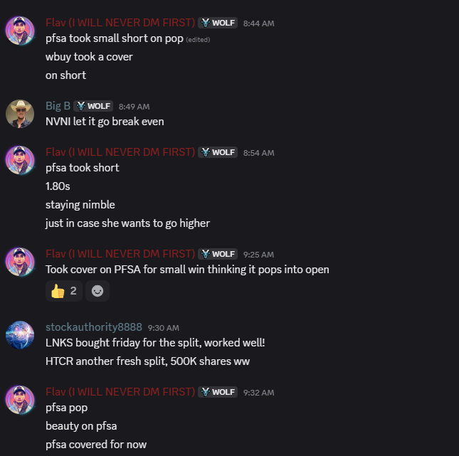wolfpackgroup_'s tweet photo. Slower morning in small caps today, but we did trade $PFSA this morning. Come join our Discord for FREE with some of the best to learn from! https://t.co/XWpU62NZ8b https://t.co/ip8zW4Hxdj
