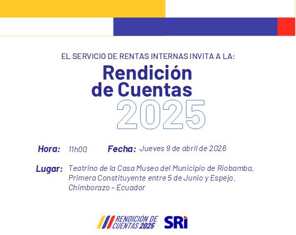 ¡Tu participación es clave en la transparencia institucional! 🇪🇨

Te invitamos a la ceremonia de Rendición de Cuentas 2025, donde compartiremos los hitos y metas alcanzadas por la Zonal 3 del SRI durante el último año. 

📊✅
#RendiciónDeCuentasSRI