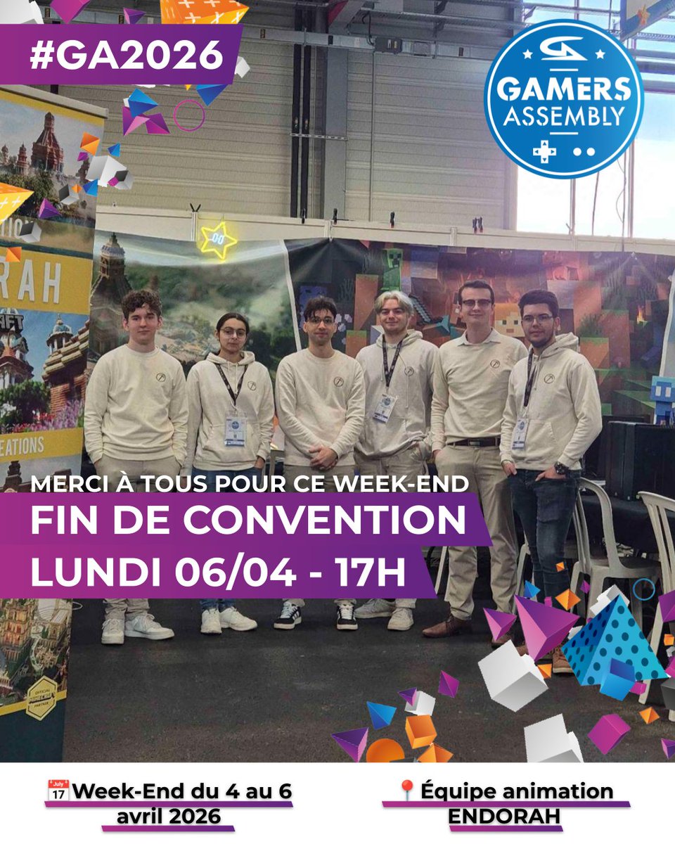 EndorahCreation's tweet photo. Et c’est déjà la fin de la convention… 🥹

La Gamers Assembly aura encore été incroyable cette année 🔥

Merci à toutes celles et ceux qui sont venus, vous avez mis une ambiance de folie 💛

Et un immense merci à nos animateurs et à la @GamersAssembly pour ce week-end de dingue 🙌🎮

#Minecraft #Endorah #GA2026