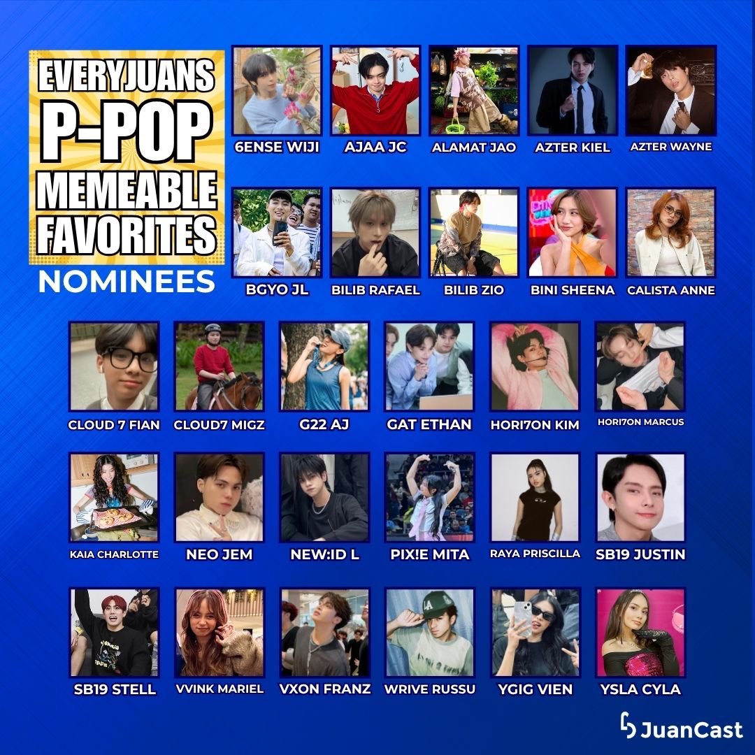 NotJuanCastPH's tweet photo. Spotted your favorite? 👀 Don’t just stare, make it count!

Cast your vote now for your favorite 🩵 Memeable via the #JuanCast app 📲 or browser!

#EveryJuansChoice #EveryJuansPpopMemeableFavorites #6ENSEWiji #AJAAJc #ALAMATJao #AZTERKiel #AZTERWayne #BGYOJl #BILIBRafael #BILIBZio #BINISheena #CALISTAAnne #CLOUD7Fian #CLOUD7Migz #G22Aj #GATEthan #HORI7ONKim #HORI7ONMarcus #KAIACharlotte #NEOGem #NEWIDL #PIX!EMita #RAYAPriscilla #SB19Justin #SB19Stell #VVINKMariel #VXONFranz #WRIVERussu #YGIGVien #YSLACyla