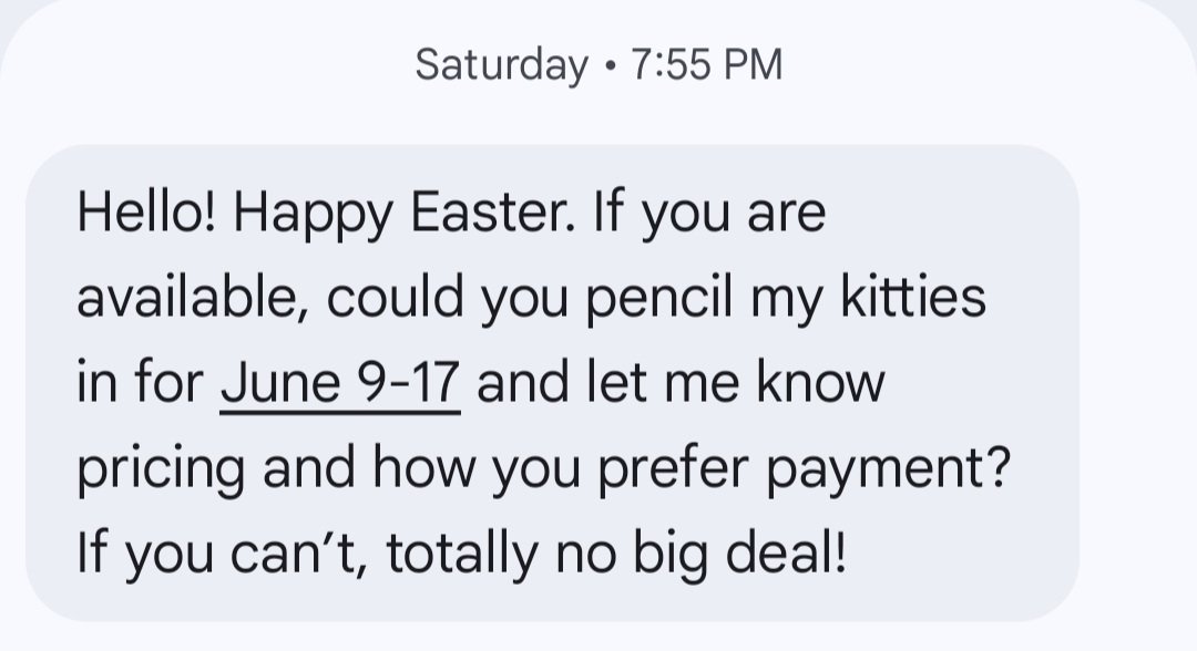 SusanLDorazio's tweet image. #MerryMonday 🐈‍⬛

Happiness is a cat client booking me for 9 days in June. I love clients who plan ahead, it makes saying yes so much easier 😻

#freelancer #FreelanceWork #FreelanceLife #WorkFromHome #RemoteWork #CatSitting #CatSitter #JobHuntingChronicles