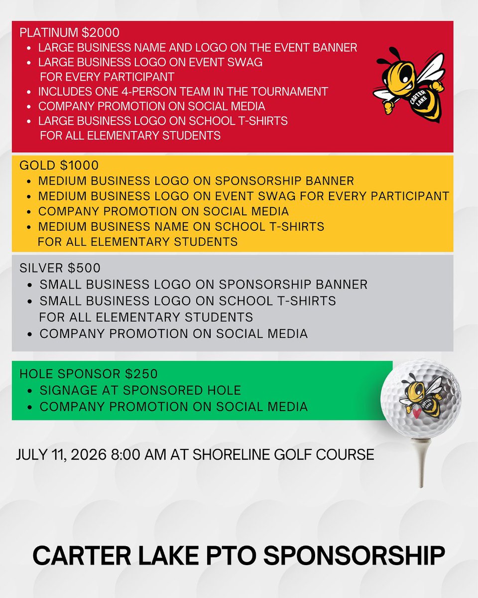 Dust off your golf clubs and help support the Carter Lake Elementary PTO Golf Tournament!

Register here: trst.in/akUpoU
Pay for your registration here: trst.in/eAS8vj