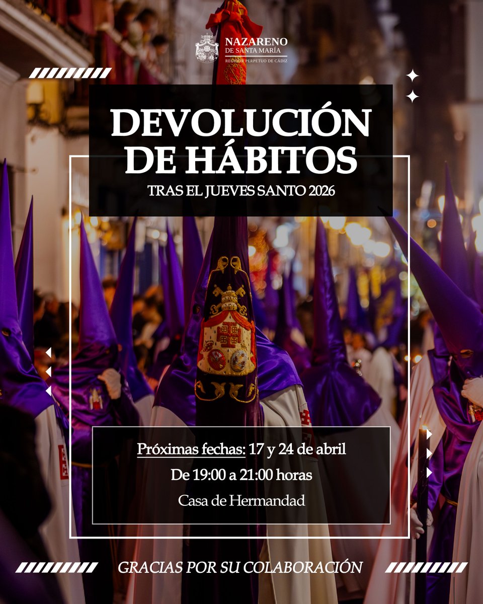 NazarenodeCadiz's tweet photo. 🟣 HOY

📅 Viernes 17 de abril

Devolución de hábitos

🕰️ De 19:00 a 21:00 horas
📍 Casa de Hermandad

🔗Más información:
https://t.co/savAR91T4m https://t.co/sc4Xpuot0k