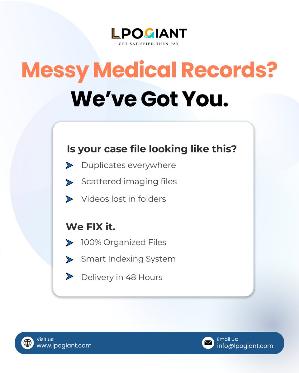 LPOgiant's tweet photo. Messy medical records slowing your case down?
LPO Giant turns chaos into clarity with structured, indexed, and fully organized files. 
 #personalinjury #workerscompensation #LPOGiant #MedicalRecordReview #legaloutsourcing https://t.co/yQd9RQlljk