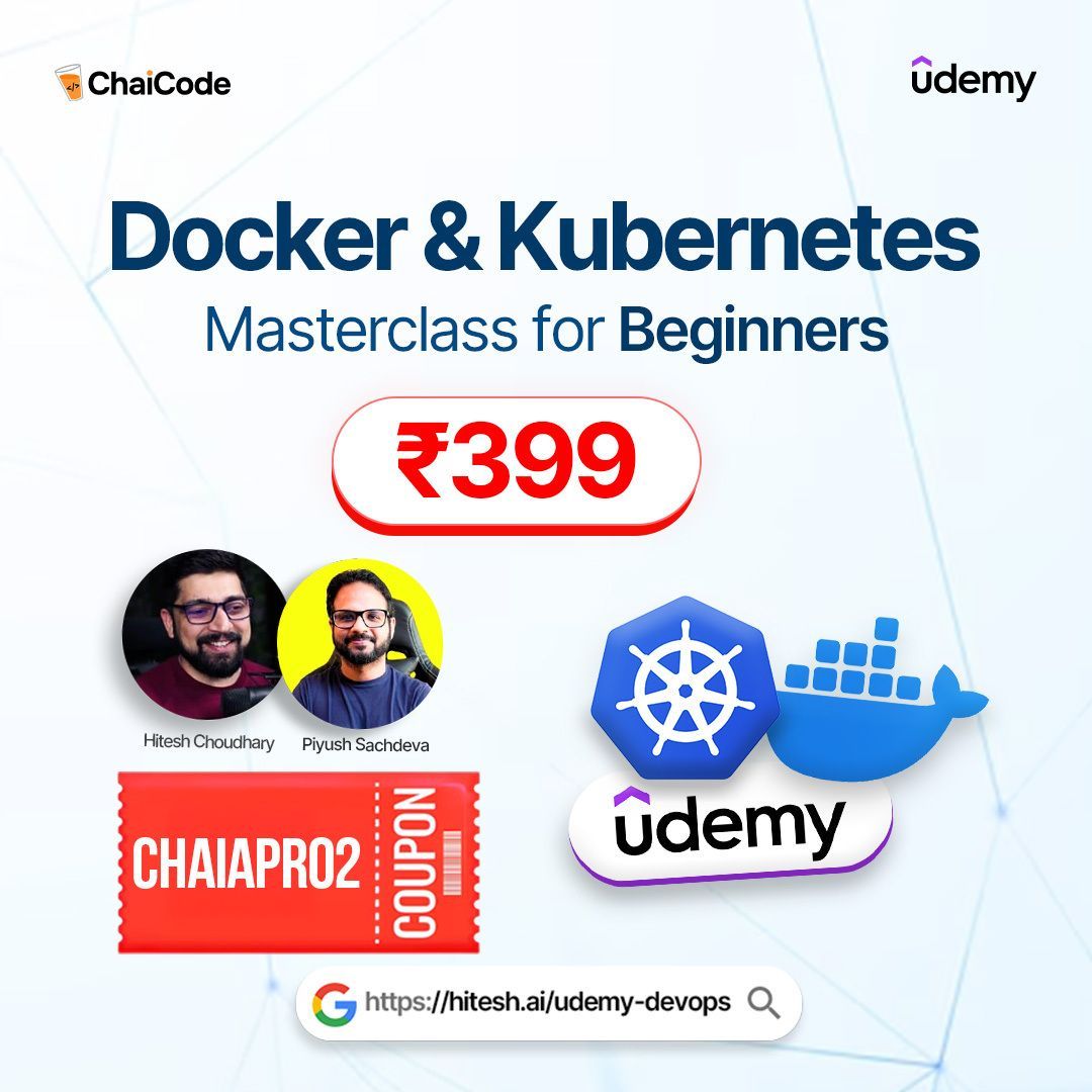 Hiteshdotcom's tweet image. 🚀 Kickstart your DevOps journey at just ₹399! 💻✨

Get "Docker &amp;amp; Kubernetes for beginners" on Udemy with this exclusive coupon! 🔥

🎟️ Code: CHAIAPR02
⏳ Valid for 5 days only!

Don’t miss out—enroll now! 

#DevOps #UdemyCourse #DockerandKubernetes #HiteshChoudhary