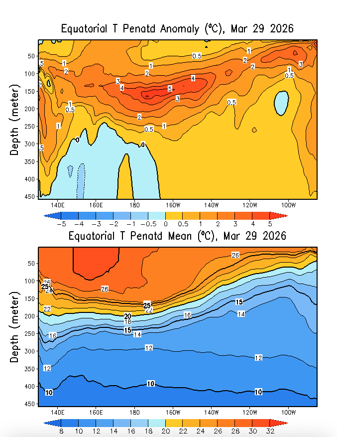 jnmet's tweet image. Warm subsurface waters continue to migrate toward the surface in the central equatorial #Pacific, shrinking the cool pool in the ENSO 3.4 region. #LaNina fading with #ElNino likely developing over the coming months. Strong El Nino expected later this year.