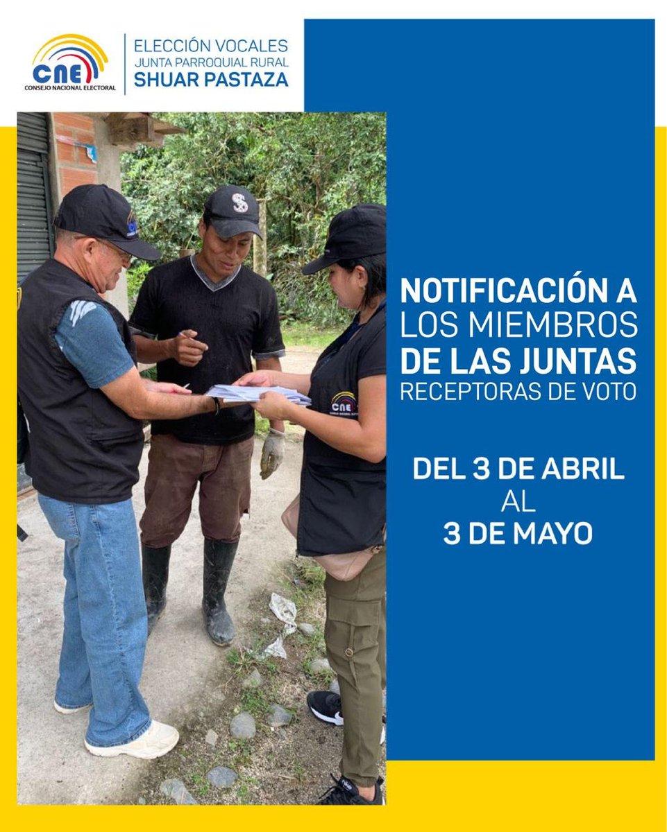 #CNEInforma 🍃

📍 Hasta el 3⃣ de mayo se realizará la notificación a los Miembros de las Juntas Receptoras del Voto designados para la #ElecciónVocalesPastaza. 🗳️