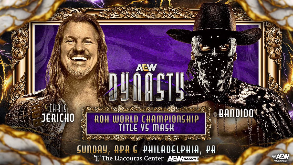 wrestle_hist's tweet photo. 4/6/2025
Bandido defeated Chris Jericho in a Mask vs. Title Match to become the new ROH World Champion at Dynasty from the Liacouras Center in Philadelphia, Pennsylvania.
#AEW #AEWDynasty #Bandido #ChrisJericho #TheLearningTree #MaskVsTitleMatch #ROHWorldChampionship https://t.co/vJRscIEMkX