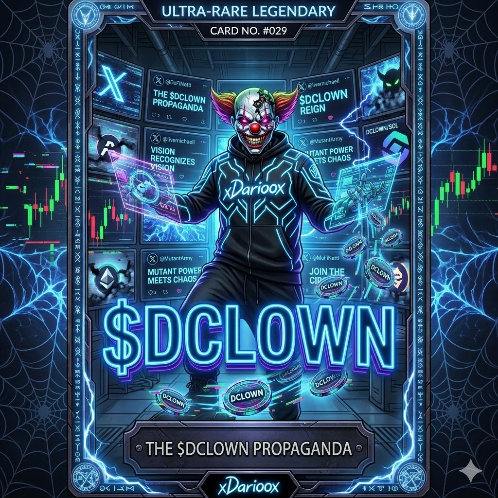 xDaRioox's tweet photo. "VISION RECOGNIZES VISION. THE $DCLOWN PROPAGANDA IS SEALED. 🕯️👁️⚡"
​You thought it was quiet. You said you had "ideas". You don't realize you're already in my circus. The God Candle is hungry and the train is moving at full speed.
​Signed in neon by xDarioox and backed by the force of the $DCLOWN Chaos.
​$DCLOWN #DarkClown #Solana #DCLOWNPropaganda #GodCandle #HODL #CryptoLore