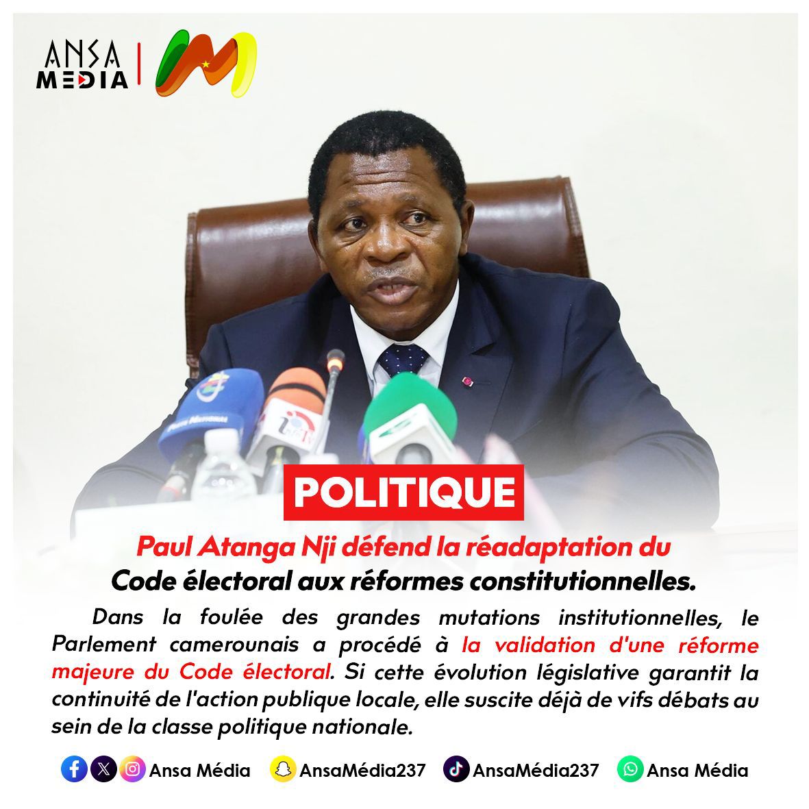 AnsaMedia237's tweet photo. Paul Atanga Nji défend la réadaptation du Code électoral aux réformes constitutionnelles.
Lire la suite de l’article ici : https://t.co/gw9XGGGilw
#PolitiqueCameroun #CodeElectoral #Reformes #AtangaNji #Parlement #Cameroun #AnsaMedia https://t.co/dfNXHoclmZ