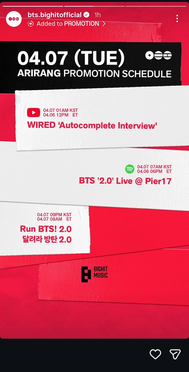 7btsfilmout's tweet photo. ARIRANG PROMOTION SCHEDULE for;

➤WIRED 'Autocomplete Interview' 📺
🗓: 07.04.2026
⏰: 1AM (KST)  ||  5PM (BST) 
🗓: 06.04.2026 ⏰: 12PM (ET) 
🔗https://t.co/mR3lK6nSn7
(*I think BIGHIT or WIRED might release the original of this
dubbed video) 

➤BTS '2.0' Live @ Pier17 (Swimside) 
🗓: 07.04.2026
⏰: 7AM (KST)
🗓: 06.94.2026  ⏰: 11PM (BST) || 6PM (ET) 

➤RUN BTS! '2.0'
🗓: 07.04.2026
⏰: 9PM (KST)  ||  1PM (BST) || 8AM (ET) 

#BTS_ARIRANG #BTS_SWIM
#ARIRANGBYBTS #ARMYRANG
#BTSComeback2026