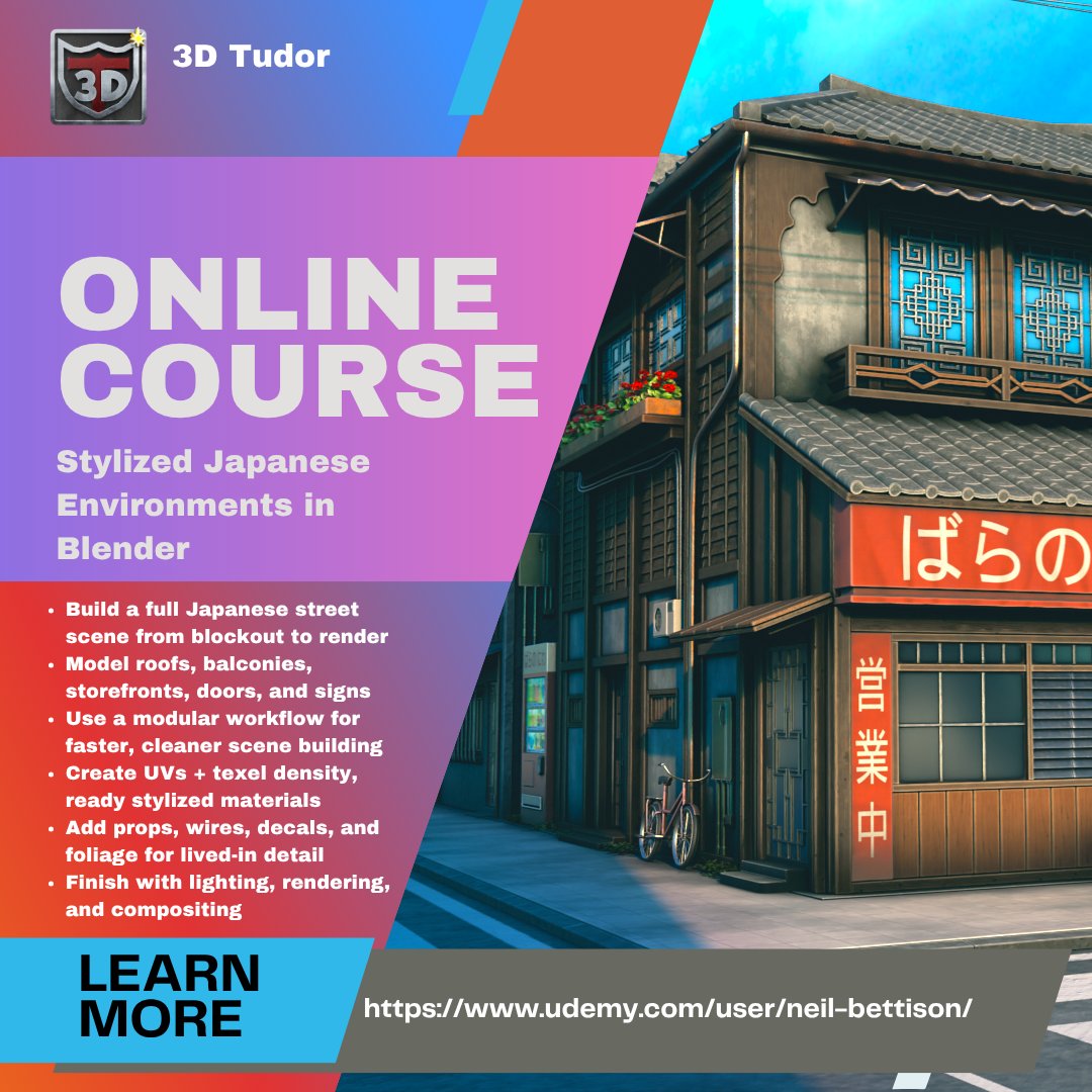 ThreeDTudor's tweet photo. NOW live on Udemy!🏯
Stylized Japanese Environments in Blender takes you through one full Japanese street scene from blockout to final render.

$9.99 until 11/04:
https://t.co/xAxEWWQIfy

#Blender #3DTudor #Blender3D #BlenderArtist #3DArt #EnvironmentArt #GameArt #Udemy #cgart https://t.co/3Bkh02zr6K