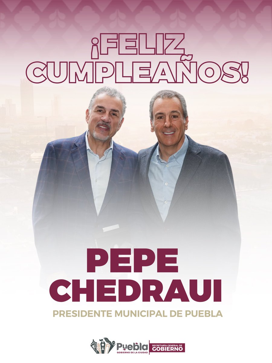SGGM_Pue's tweet photo. Amigo @pepechedrauimx, alcalde de Puebla, hoy celebramos tu cumpleaños y el compromiso firme que has demostrado con la ciudad y su gente. Tu liderazgo cercano y tu visión siguen marcando el rumbo de una capital que avanza con paso decidido.

Que este nuevo año te traiga salud, fuerza y más logros al frente de Puebla.

Con aprecio y reconocimiento,

Franco Rodríguez, secretario General de Gobierno.