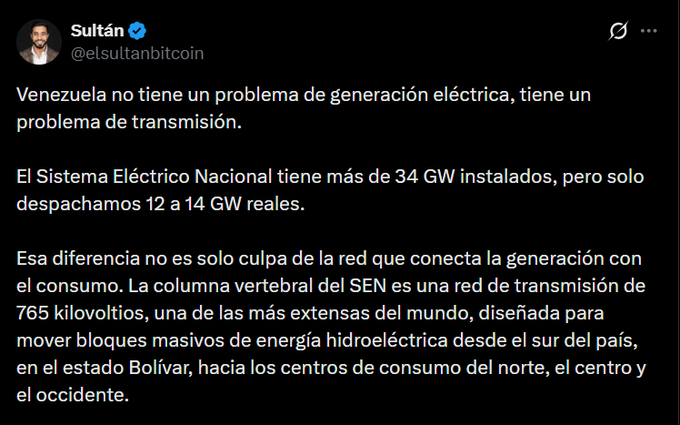 CriptoNoticias's tweet photo. 🇻🇪 ¿Futuro para la minería de bitcoin en Venezuela?

🔌  Venezuela genera energía que no puede transportar: de cada 100 MW en la Represa de Guri, solo 40 llegan a los hogares. 

🔧@elsultanbitcoin propone usar minería de Bitcoin como "carga flexible" para monetizar el excedente y financiar la reconstrucción del sistema eléctrico.

💡 Centros mineros junto a las represas consumirían la electricidad que hoy se pierde, con la obligación de desconectarse si la demanda residencial lo requiere.