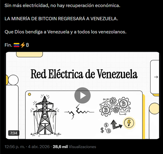 CriptoNoticias's tweet photo. 🇻🇪 ¿Futuro para la minería de bitcoin en Venezuela?

🔌  Venezuela genera energía que no puede transportar: de cada 100 MW en la Represa de Guri, solo 40 llegan a los hogares. 

🔧@elsultanbitcoin propone usar minería de Bitcoin como "carga flexible" para monetizar el excedente y financiar la reconstrucción del sistema eléctrico.

💡 Centros mineros junto a las represas consumirían la electricidad que hoy se pierde, con la obligación de desconectarse si la demanda residencial lo requiere.