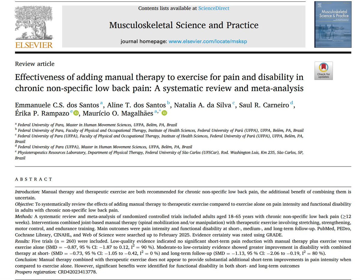 MSKPhysioJnl's tweet image. #ManualTherapy + #exercise for #LowBackPain: better together? 👀
This meta-analysis buff.ly/zAGzK5g finds pain relief stays similar, but disability improves with combined care.
 #EvidenceBasedPractice