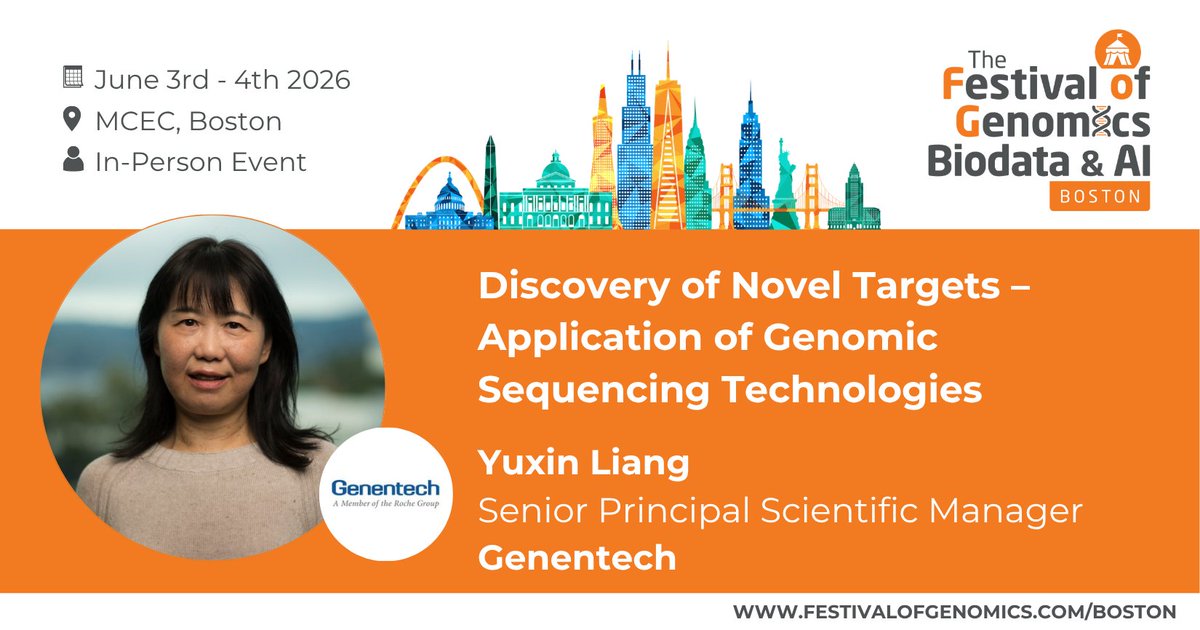 FLGenomics's tweet image. Find out more about how the application of #sequencing technologies enables discovery of novel targets from Yuxin Liang (Senior Principal Scientist, Genentech) at The Festival of Genomics, Biodata &amp;amp; AI in Boston! More info: hubs.la/Q048SY_R0 #FOGBoston #drugdiscovery