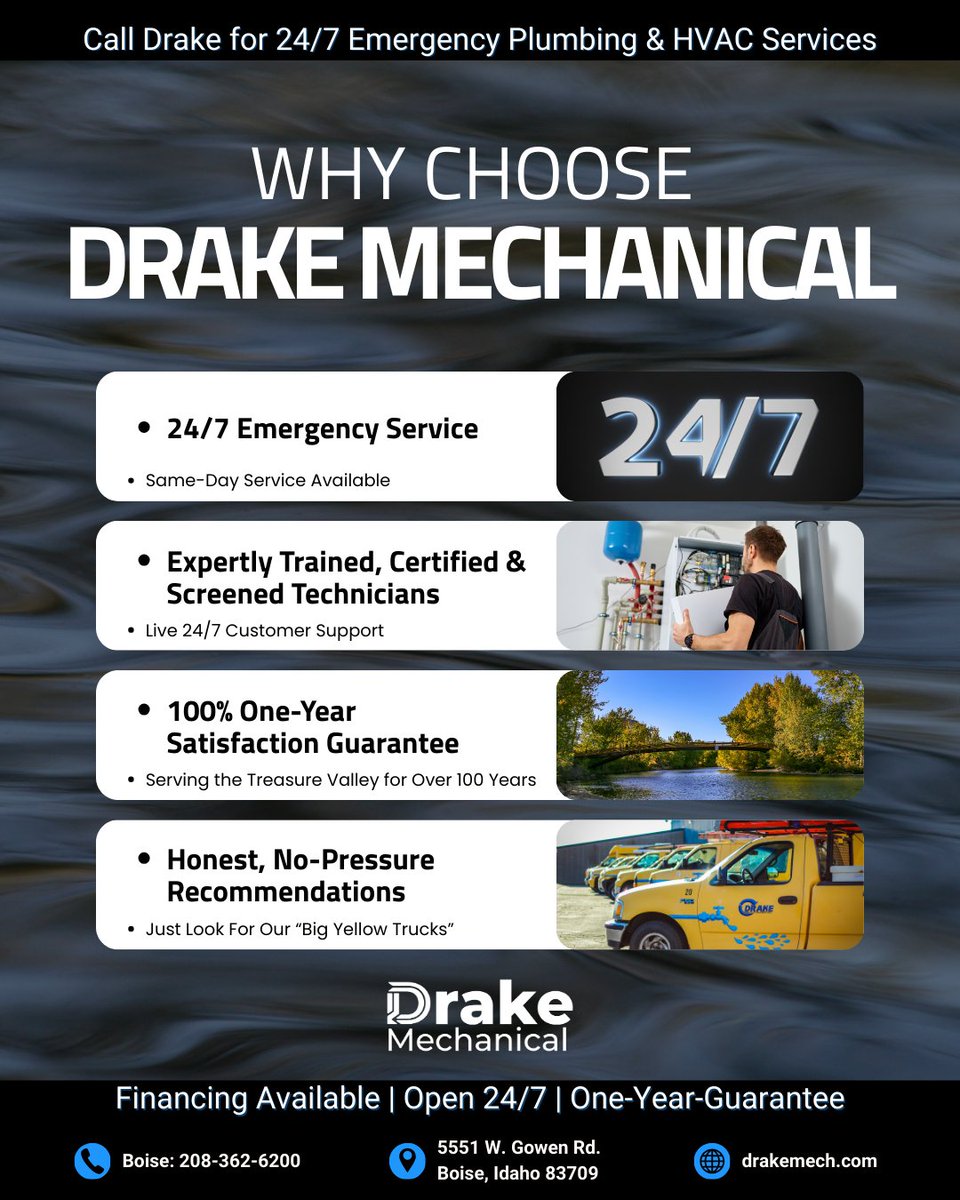 DrakeMechanical's tweet image. Contact Drake Mechanical for all your HVAC and Plumbing needs!

hubs.ly/Q047nPcr0

And call us at:
Boise: 208-362-6200
Meridian: 208-887-1878
Nampa: 208-468-9919
Caldwell: 208-468-9919

#HVACtech #coupons #plumbing #heating #airconditioning #plumbingsolutions #piperepair