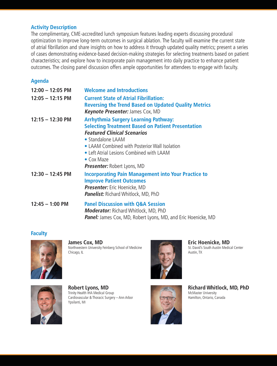 AtriCure's tweet photo. Updated STS quality metrics set the stage at #AATS2026. Dr. James Cox will kick off the CME symposium on what they mean for Afib care, with insights from Drs. Robert Lyons, Eric Hoenicke & Richard Whitlock on arrhythmia surgery and pain management. Don't miss it! https://t.co/Fl04dgTCBF