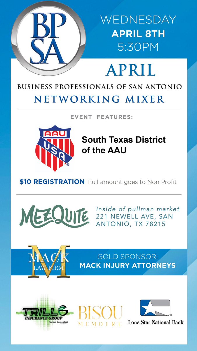 sdtechnet's tweet photo. 🎊Final Reminder!🎊This Wednesday is April's BPSA Mixer! 🕒April 8th at 5:30pm. 🕒At Mezquite, Inside Pullman Market 📍221 Newell Ave, San Antonio, Tx 78215. 💸$10 attend, all profits benefit South Texas District of the AAU. 👉Register to save your spot:https://t.co/svFMCo8bvt👈 https://t.co/hUZZQXDghF