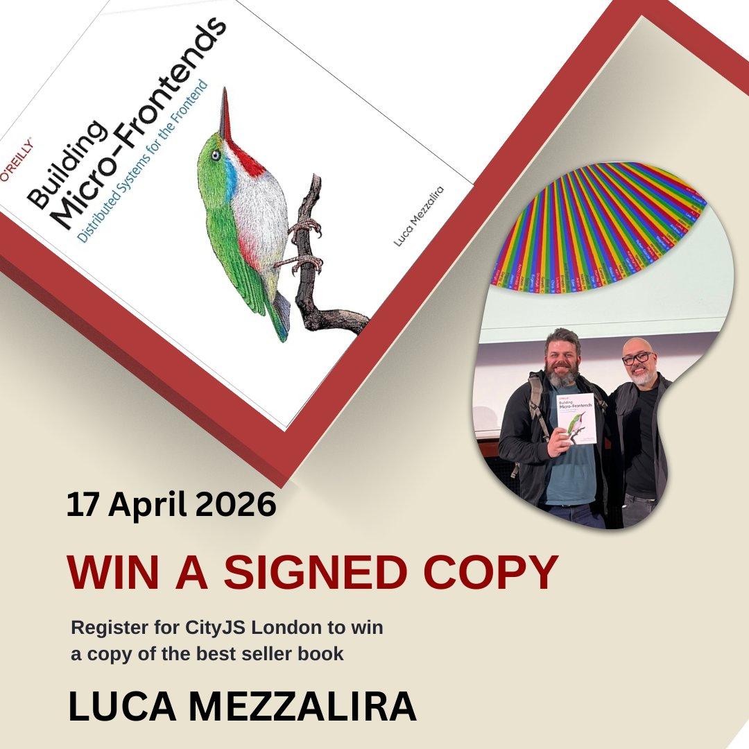 cityjsconf's tweet photo. Win a signed copy of Building #MicroFrontends by @lucamezzalira! Huge thanks to @OReillyMedia for providing copies for our community.

Register now for your chance to enter: https://t.co/hDOOezGQij https://t.co/PbozGzo8Di