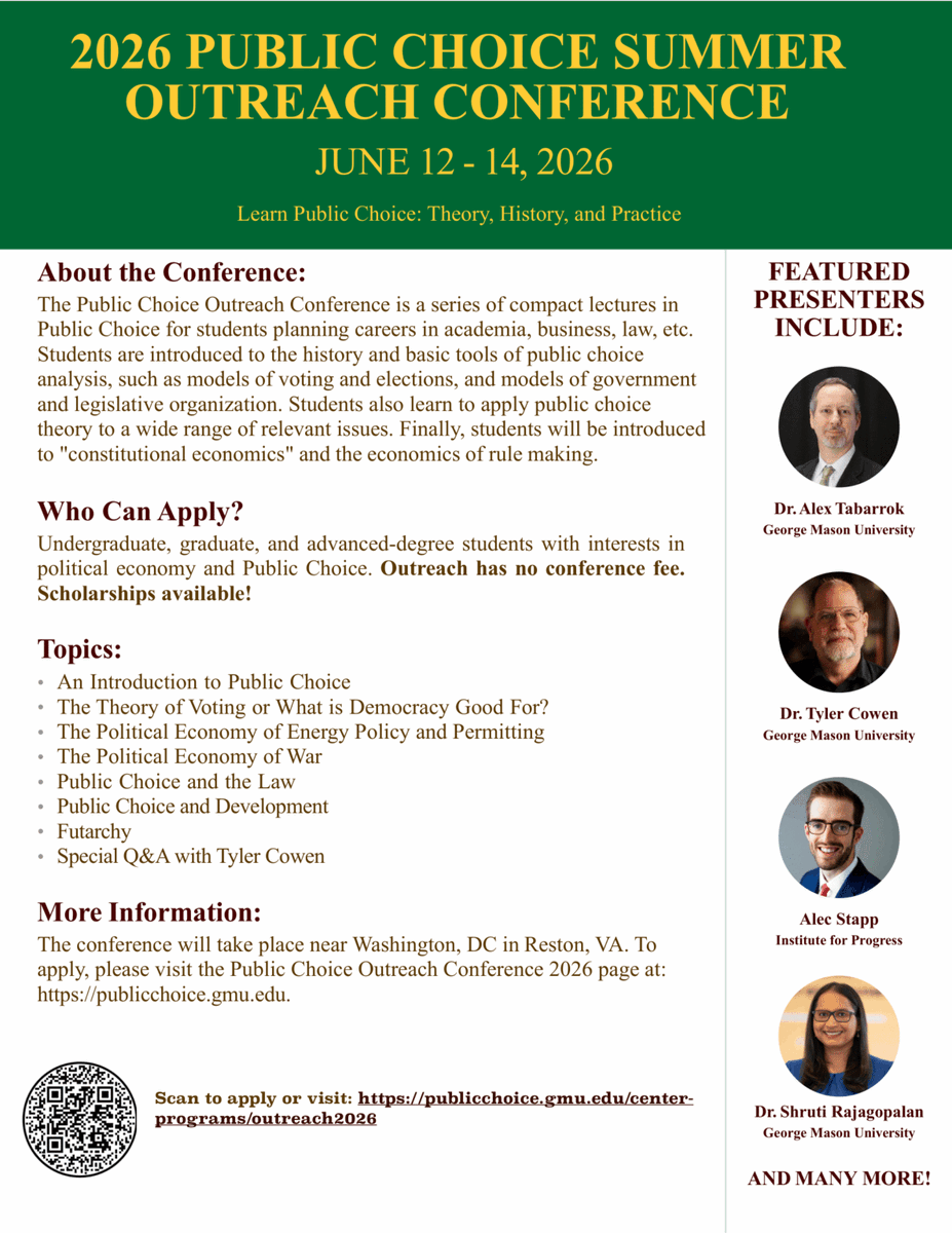 ATabarrok's tweet photo. Send your students to the Public Choice Outreach Conference, a crash course in public choice! https://t.co/DlY4SZDIqT