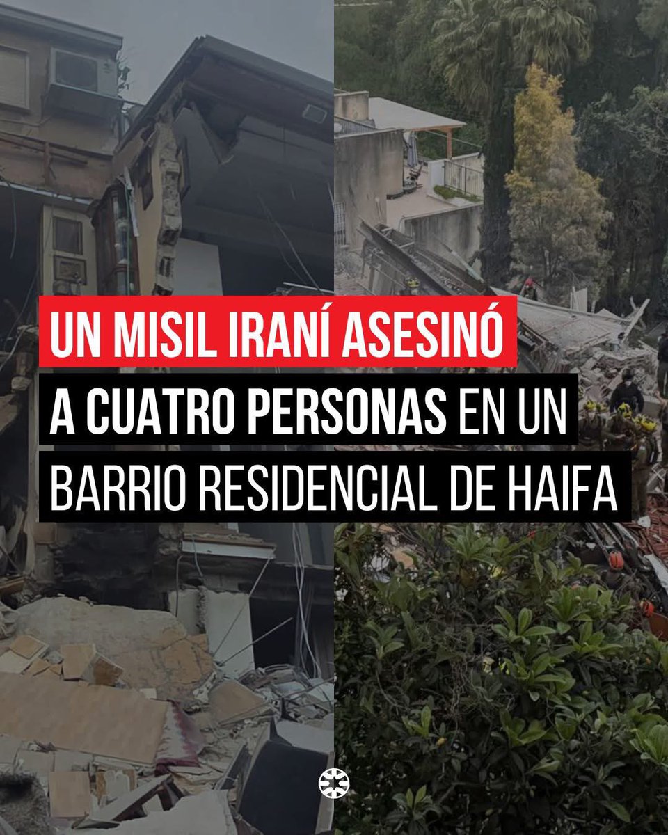 IsraelinCol's tweet photo. Un misil iraní impactó en un barrio residencial de Haifa, causando la muerte de cuatro personas y dejando cuatro heridos, entre ellos mujeres y un bebé.

El régimen iraní está atacando deliberadamente a civiles, sumándose a su largo historial de crímenes de guerra y lesa humanidad.