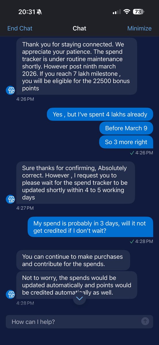 jaipfly's tweet photo. @AmexIndia I was assured multiple times on chat that upon spending 3L and now that it’s done, I’m being assigned case numbers and being given 30 day timelines and no points have been credited. This is no way to treat your card holders https://t.co/iTCkEqWZ89