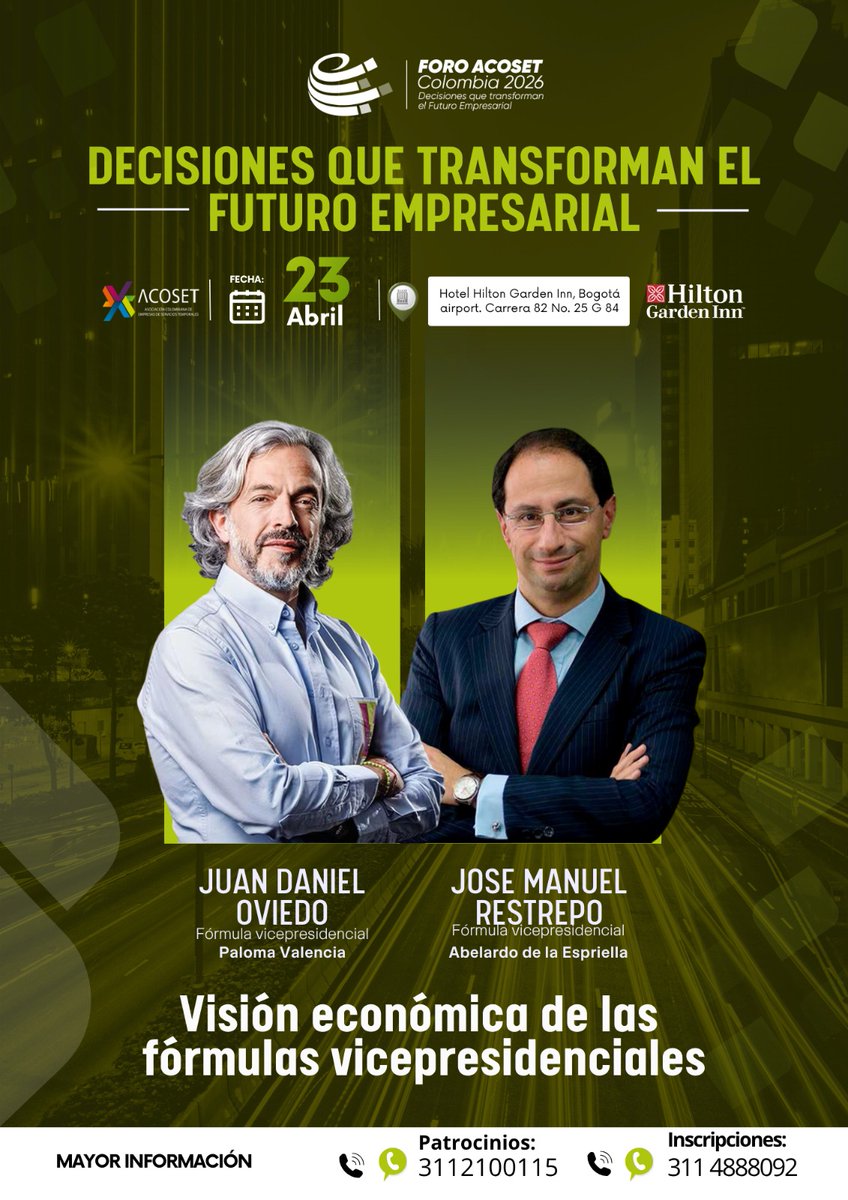 En el Foro Nacional Acoset reunimos a las fórmulas vicepresidenciales para analizar, desde su visión, las estrategias que marcarán el rumbo del país.

📅 23 de abril
📍 Hilton Garden Inn Bogotá Airport

🔗 Inscríbase:

docs.google.com/forms/d/e/1FAI…

#foroacoset2026
#foroacoset
