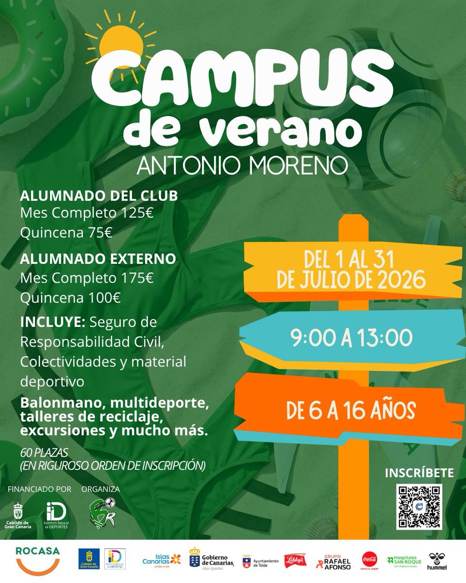 Llega el Campus de Verano Antonio Moreno. ☀️

Una oportunidad para seguir disfrutando del deporte también en verano, combinando balonmano, multideporte y actividades para aprender, convivir y pasarlo bien.

🗓 Del 1 al 31 de julio
🕘 De 9:00 a 13:00
👦👧 De 6 a 16 años