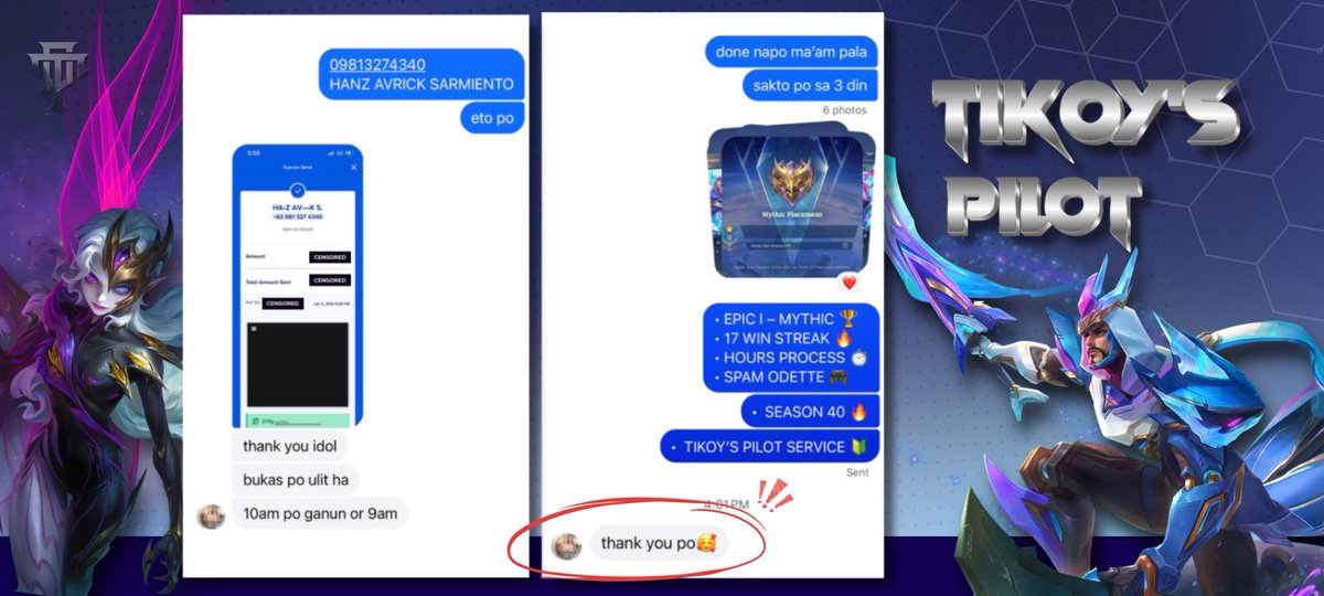 TIKOYMLPLTSRVC's tweet photo. Season 40 ✦ #58thClient 🇵🇭

Epic I → Mythic 🏆

17 win streak 🔥

Hours process ⏱️

Odette spam 🎮

DM to book 📩

#mlbb #mobilelegends #pilotservice #rankpush #fyp https://t.co/l9DylYoxGE