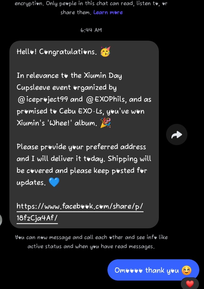 EriXol1485's tweet photo. WHOAAAAAH  I won Xuimin "WHEE! ALMBUM"  thank you so much  cutiee babie unlock 😍✨ and free sf 🥰@exocebufanunion @jaidohaidoh 

Xiumin Day Cupsleeve event organized by  @iceproject99 @EXOPhils ❤️ https://t.co/mGdVpj7anV