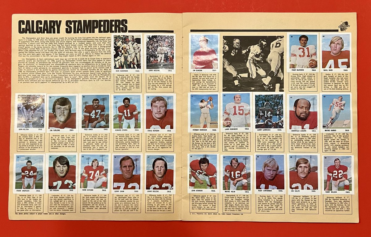Stampeders1945's tweet photo. These are the 25 Calgary Stampeders stickers from the 1971 Eddie Sargent Promotions collection. Led by LB Wayne Harris, DL Dick Suderman, DL John Helton, QB Jerry Keeling, DB-K Larry Robinson, Rec Herm Harrison et al, Stamps defeated Toronto 14-11 to win the Grey Cup. 🇨🇦🏈🏆 https://t.co/9ABh4TxXlN