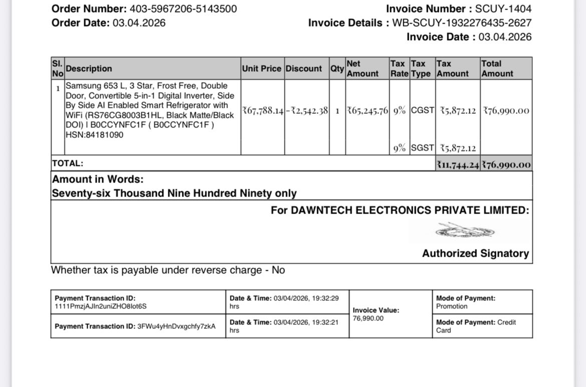 Palak_92's tweet image. Hey @AmazonIN, I feel cheated. Paid ₹67,189 for a Samsung Fridge (Order #403-5967206-5143500) but @SamsungIndia official price is ₹56,647. Your "Leadership Desk" refused a price-match for this installed unit and just closed the chat on me. Unacceptable. #AmazonIndia #BadService