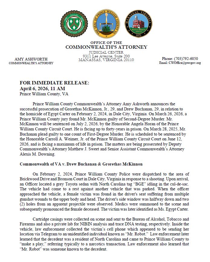 PWCPolice's tweet photo. The Office of the Commonwealth's Attorney announces the successful prosecution of Grorethas McKinnon, 29, and Drew Buchanan, 29, in relation to the February 2024 homicide of a woman in Woodbridge. Please see the press release below for more details. https://t.co/KTNKb33BrQ