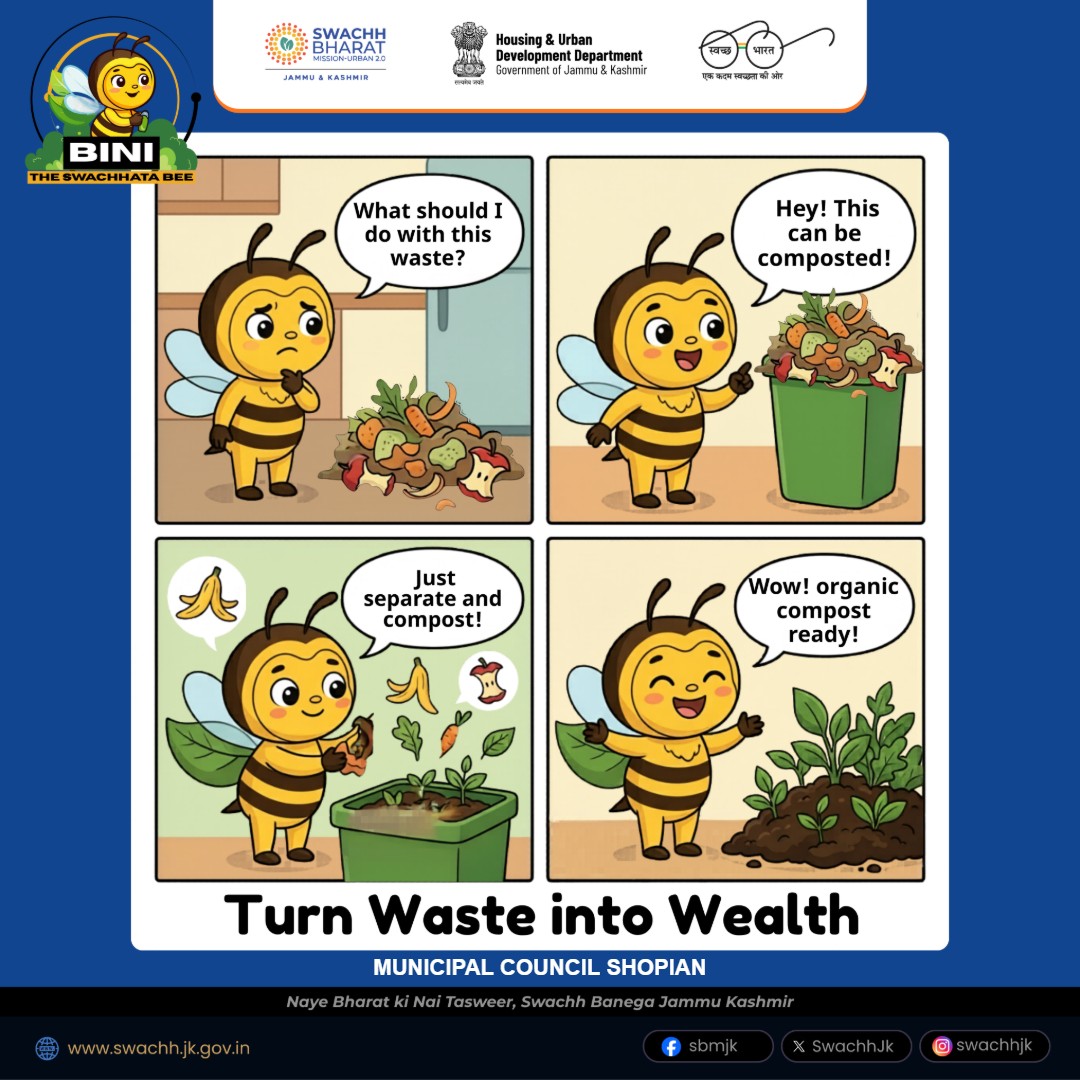 MCShopian's tweet image. Bini Says: Small Steps, Big Change! 🌱
Segregate your wet waste and start composting at home—reduce landfill waste and turn kitchen scraps into rich compost for your garden. Grow green, live clean!
#Swachhjk
#ReduceReuseRecycle
#WasteToWonder
#CompostingMadeEasy
@dmshopian