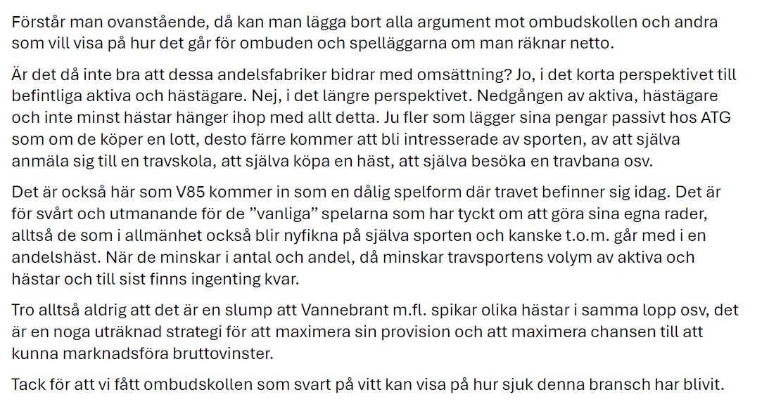 Jag gör ett tappert försök att förklara mer ingående än i spridda svar eller olika ranter här på X, varför den smutsiga delen av andelsmarknaden är ett hot svensk travsport.