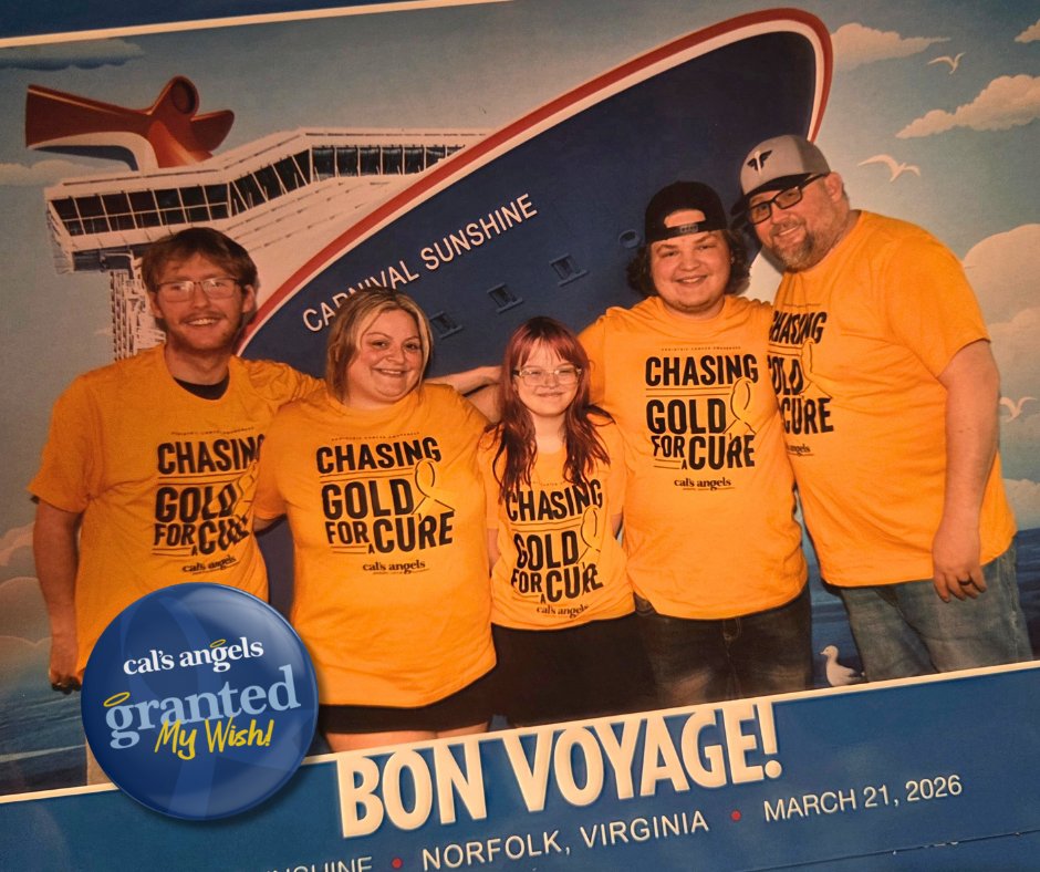 CalsAngels's tweet photo. #AngelsinAction: Wish Granted 💫 

Alayna, 15 &amp; battling a spinal cord tumor, wished for more time with her family away from hospitals and treatments. Here's the whole crew decked out, sailing the seas and #ChasingGold. Thank you @Culvers! 💛

#PediatricCancerAwareness https://t.co/mgKIHEb5Fe