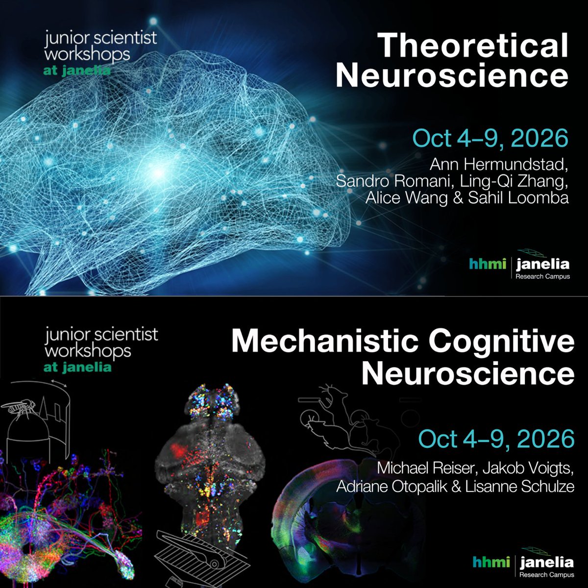 janeliaconf's tweet image. Grad students &amp;amp; postdocs 👉 apply by May 7 for two #neuroscience workshops at Janelia. Present your work, engage in lively discussion + explore early-career paths.

Theoretical Neuroscience ➡️ janelia.news/THE26
Mechanistic Cognitive Neuroscience ➡️ janelia.news/CNW26