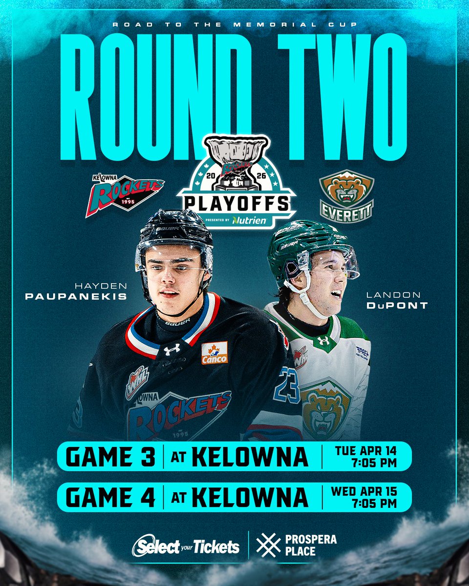 Kelowna_Rockets's tweet photo. Round 2 returns to Kelowna! 🚀

Games 3 &amp; 4 vs Everett — April 14 &amp; 15 at Prospera Place. Tickets go on sale April 7th at 10AM PST.

🎟️ https://t.co/BkUjgxz6Wy

#KelownaRockets | #RocketsHockey https://t.co/OHttCx9S3l
