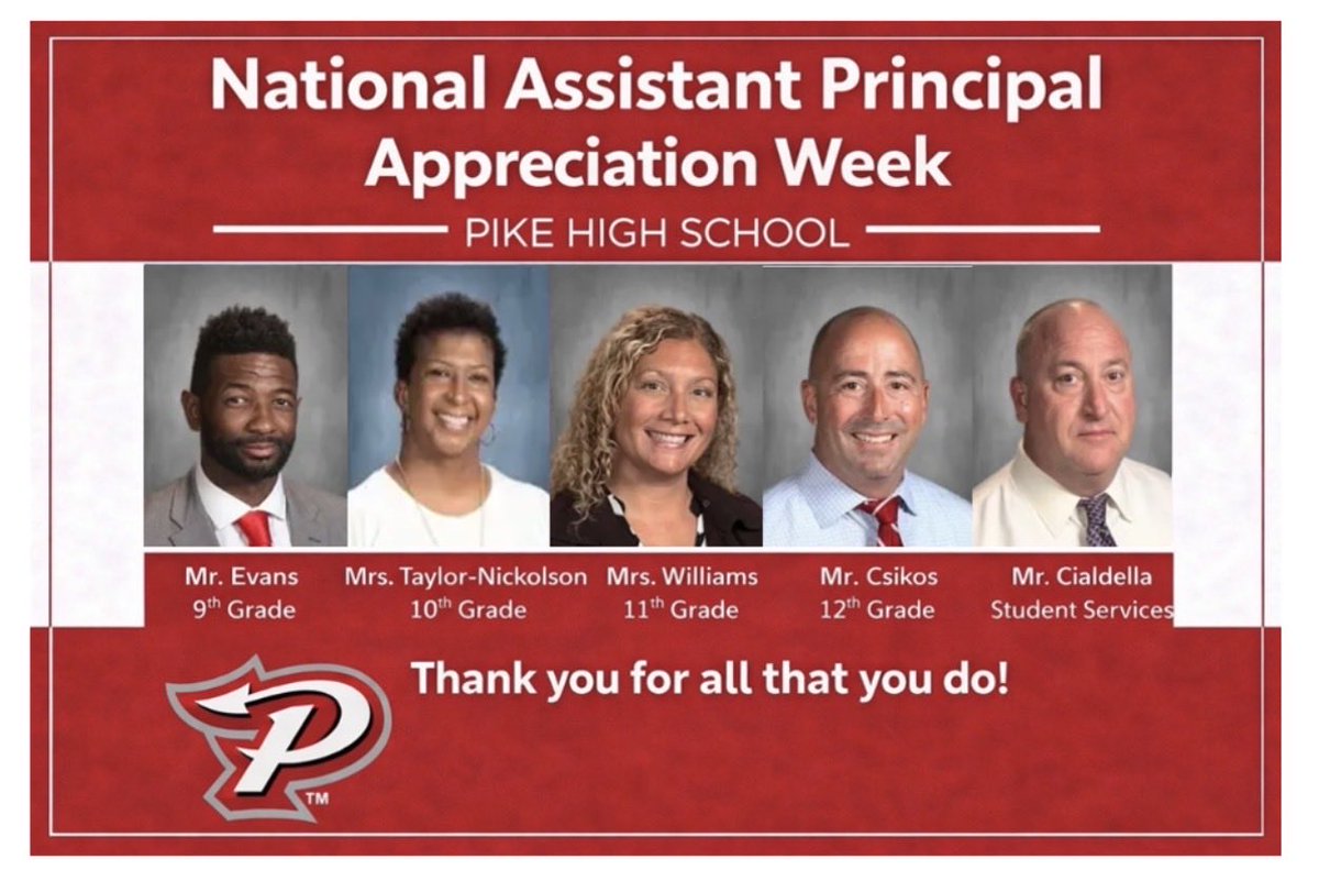 MrWolleyPHS's tweet photo. We are grateful for an incredible team of Assistant Principals at Pike High School! Happy National Assistant Principal Appreciation Week to some of the best in the business! @PikeHighSchool https://t.co/solDRMRMvs